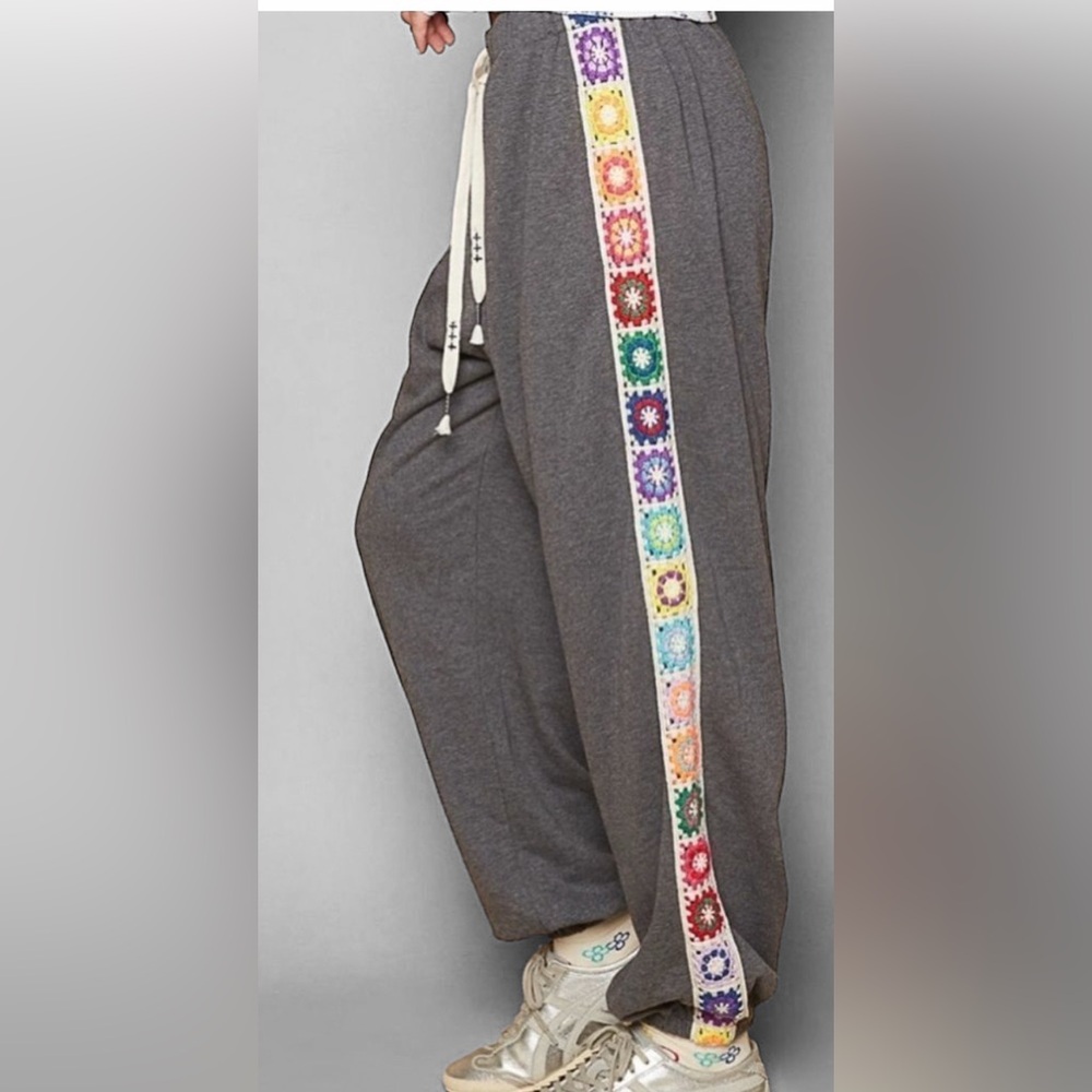 POL Gray Track Joggers with Rainbow Crochet Side Stripe
